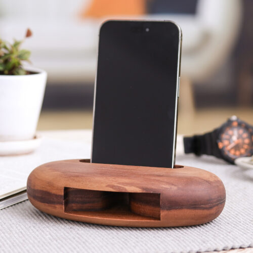 Hand-Carved Minimalist Oval Walnut Wood Phone Speaker, 'Regal Sounds' Hand-Carved Minimalist Oval Walnut Wood Phone Speaker, 'Regal Sounds'