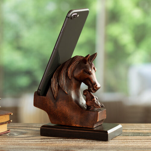 Hand Carved Peruvian Cedar Wood Phone Holder Equine and Foal, 'Mother Mare' Hand Carved Peruvian Cedar Wood Phone Holder Equine and Foal, 'Mother Mare'