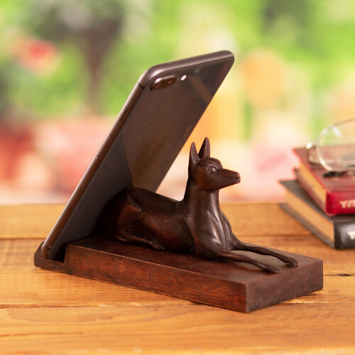 Hand-Carved Polished Cedar Wood Peruvian Dog Phone Holder, 'Legendary Companion' Hand-Carved Polished Cedar Wood Peruvian Dog Phone Holder, 'Legendary Companion'