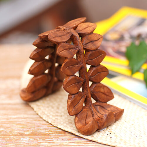 Hand-Carved Polished Leafy Jempinis Wood Phone Holder, 'The Leaves' Hand-Carved Polished Leafy Jempinis Wood Phone Holder, 'The Leaves'