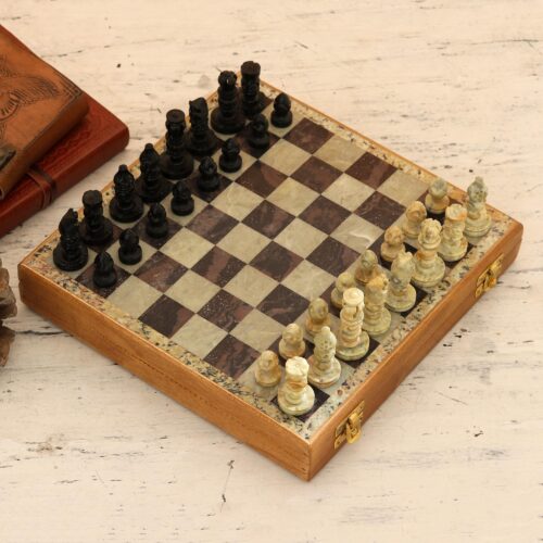 Hand Carved Soapstone Chess Set, 'Mughal Leisure' Hand Carved Soapstone Chess Set, 'Mughal Leisure'