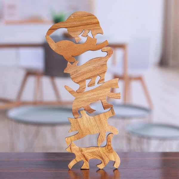 Hand Carved Teak Wood Cat-Themed Stacking Game (6 Pieces), 'Ninja Cats' Hand Carved Teak Wood Cat-Themed Stacking Game (6 Pieces), 'Ninja Cats'