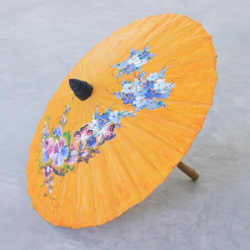 Hand-Crafted Saa Paper Parasol with Bamboo Handle, 'Orange Flora' Hand-Crafted Saa Paper Parasol with Bamboo Handle, 'Orange Flora'