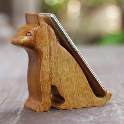Hand Made Jempinis Wood Cat Phone Stand, 'Dialing Cat' Hand Made Jempinis Wood Cat Phone Stand, 'Dialing Cat'