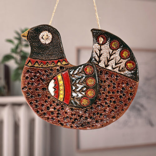 Hand-Painted Bird-Themed Brown and Green Ceramic Wall Art, 'Homey Bird' Hand-Painted Bird-Themed Brown and Green Ceramic Wall Art, 'Homey Bird'
