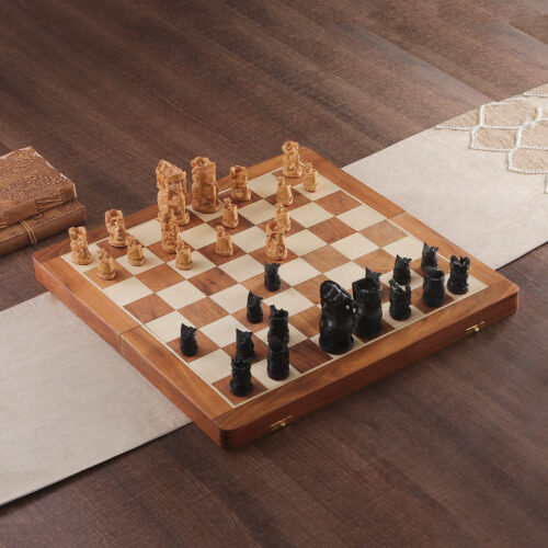 Hand-Painted Brown and Black Wood Chess Set from India, 'Challenge of Kings' Hand-Painted Brown and Black Wood Chess Set from India, 'Challenge of Kings'