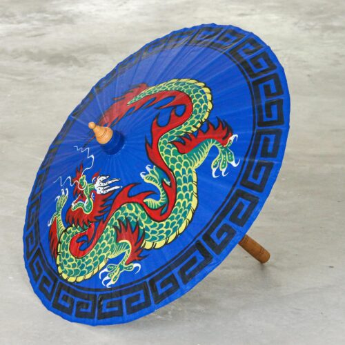 Hand-Painted Dragon-Motif Cotton Parasol, 'Lucky Dragon in Blue' Hand-Painted Dragon-Motif Cotton Parasol, 'Lucky Dragon in Blue'