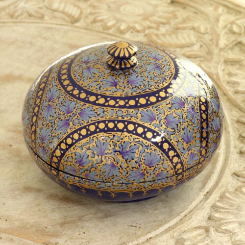 Hand Painted Papier Mache Decorative Round Box, 'Kashmir Indigo' Hand Painted Papier Mache Decorative Round Box, 'Kashmir Indigo'