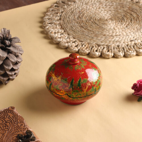 Hand-Painted Red Papier Mache Decorative Box from India, 'Jungle Scene in Red' Hand-Painted Red Papier Mache Decorative Box from India, 'Jungle Scene in Red'