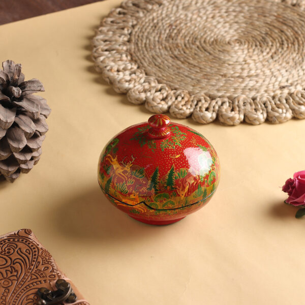 Hand-Painted Red Papier Mache Decorative Box from India, 'Jungle Scene in Red' Hand-Painted Red Papier Mache Decorative Box from India, 'Jungle Scene in Red'