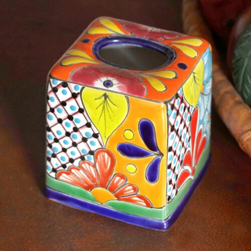 Hand-Painted Talavera Ceramic Tissue Box Cover from Mexico, 'Folk Art Convenience' Hand-Painted Talavera Ceramic Tissue Box Cover from Mexico, 'Folk Art Convenience'
