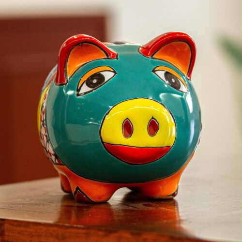 Hand Painted Talavera Style Decorative Accent, 'Flower Piggy' Hand Painted Talavera Style Decorative Accent, 'Flower Piggy'