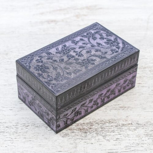 Handcrafted Lacquered Wood Decorative Box, 'Blossoming in Purple' Handcrafted Lacquered Wood Decorative Box, 'Blossoming in Purple'