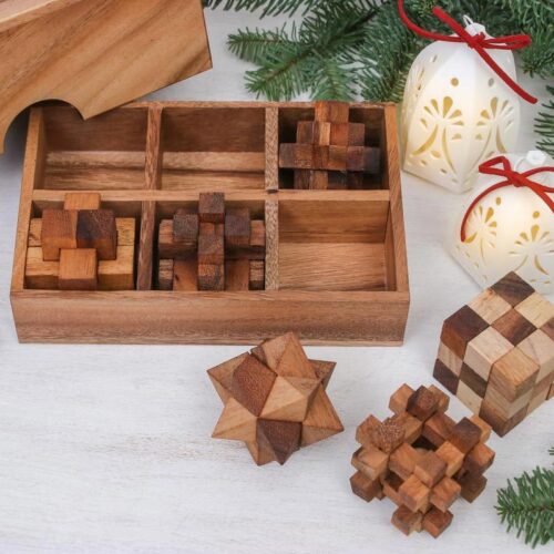 Handcrafted Set of Six Wooden Puzzles from Thailand, 'Puzzle Set' Handcrafted Set of Six Wooden Puzzles from Thailand, 'Puzzle Set'