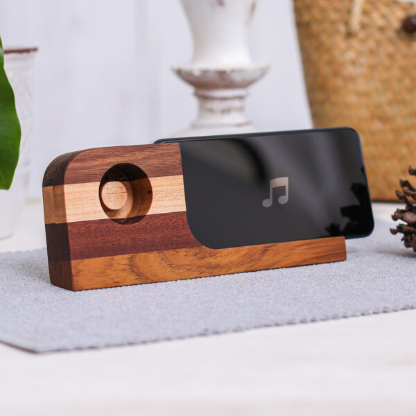 Handcrafted Wood Smartphone Speaker with Brown Stripes, 'Wooden Sounds' Handcrafted Wood Smartphone Speaker with Brown Stripes, 'Wooden Sounds'