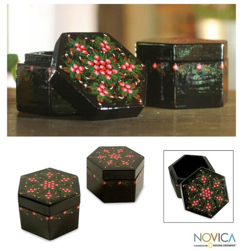 Handmade Lacquered Mango Wood Boxes (Pair), 'Floral Octagons' Handmade Lacquered Mango Wood Boxes (Pair), 'Floral Octagons'