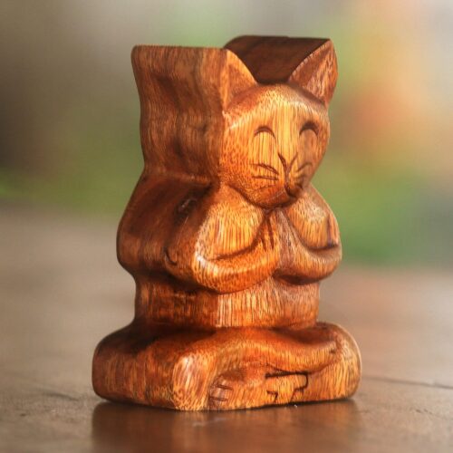 Handmade Suar Wood Cat Puzzle Box from Bali, 'Meditating Cat' Handmade Suar Wood Cat Puzzle Box from Bali, 'Meditating Cat'