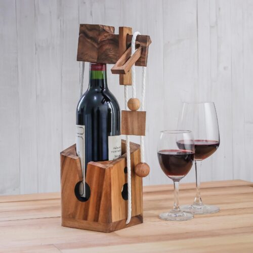 Handmade Wood Bottle Holder and Puzzle from Thailand, 'Open the Bottle' Handmade Wood Bottle Holder and Puzzle from Thailand, 'Open the Bottle'