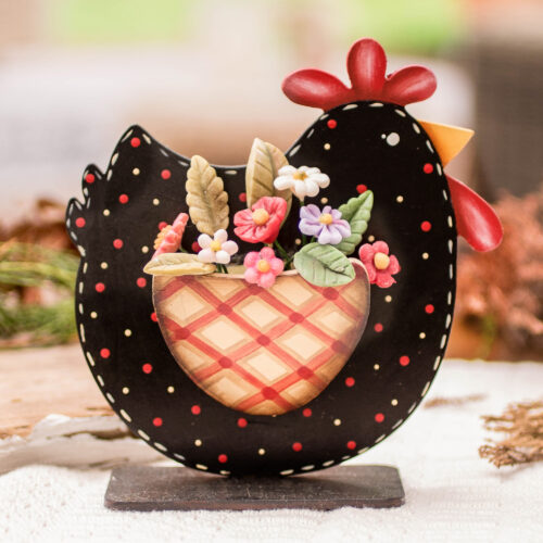 Hen and Floral-Themed Whimsical Wood and Ceramic Home Accent, 'Hen with Blossoms' Hen and Floral-Themed Whimsical Wood and Ceramic Home Accent, 'Hen with Blossoms'