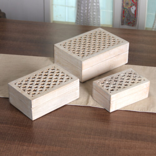 Jali-Inspired Distressed Finish Mango Wood Box in White, 'Regal Lattice' Jali-Inspired Distressed Finish Mango Wood Box in White, 'Regal Lattice'