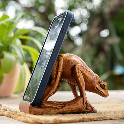 Jempinis Wood Frog Phone Stand Hand-Carved in Bali, 'Looking for Some Food' Jempinis Wood Frog Phone Stand Hand-Carved in Bali, 'Looking for Some Food'