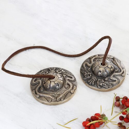 Leather-Accented Brass Meditation Cymbals, 'Safe and Sound' Leather-Accented Brass Meditation Cymbals, 'Safe and Sound'