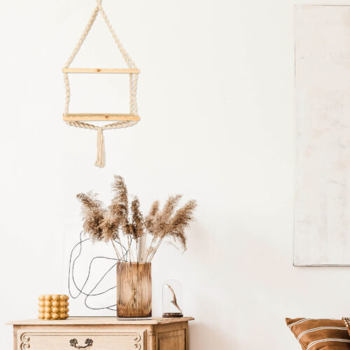 Macrame Cotton and Wood Hanging Shelf in Beige and Ivory, 'Boho Elegance' Macrame Cotton and Wood Hanging Shelf in Beige and Ivory, 'Boho Elegance'