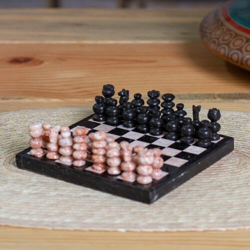 Marble Chess Set in Black and Pink from Mexico, 'Black and Pink Challenge' Marble Chess Set in Black and Pink from Mexico, 'Black and Pink Challenge'