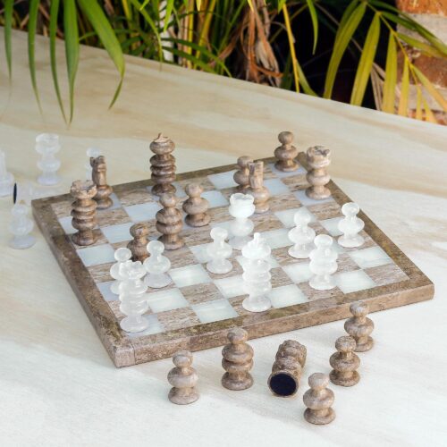 Mexican-Made Hand-Carved Ivory and Brown Marble Chess Set, 'Shore Strategy' Mexican-Made Hand-Carved Ivory and Brown Marble Chess Set, 'Shore Strategy'