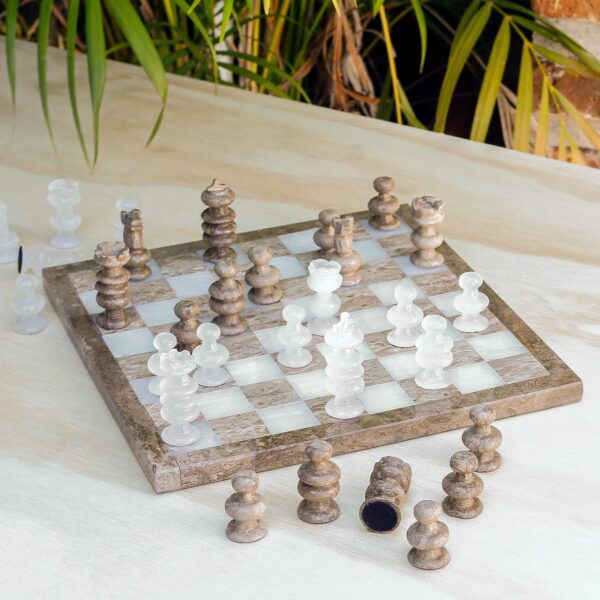 Mexican-Made Hand-Carved Ivory and Brown Marble Chess Set, 'Shore Strategy' Mexican-Made Hand-Carved Ivory and Brown Marble Chess Set, 'Shore Strategy'