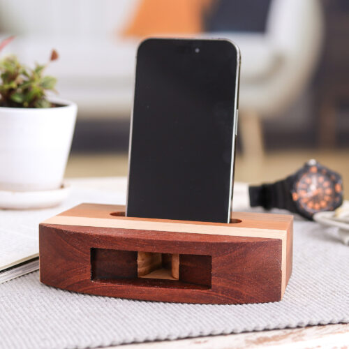 Modern Striped Wood Phone Speaker Handcrafted in Thailand, 'Striped Connection' Modern Striped Wood Phone Speaker Handcrafted in Thailand, 'Striped Connection'