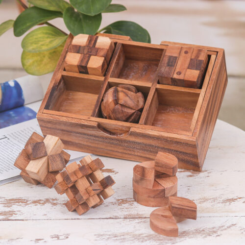 Raintree Wood Puzzle Set from Thailand (6 Piece), 'Beautiful Challenge' Raintree Wood Puzzle Set from Thailand (6 Piece), 'Beautiful Challenge'