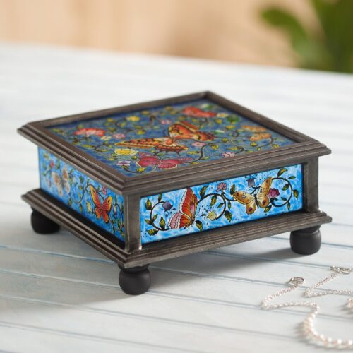 Reverse Painted Glass Blue Decorative Box with Butterflies, 'Blue Winter Butterflies' Reverse Painted Glass Blue Decorative Box with Butterflies, 'Blue Winter Butterflies'