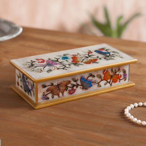 Reverse Painted Glass Butterfly Decorative Box in Off White, 'Butterfly Jubilee in Antique' Reverse Painted Glass Butterfly Decorative Box in Off White, 'Butterfly Jubilee in Antique'