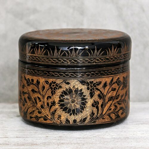 Round Mango Wood Decorative Box in Gold from Thailand, 'Exotic Flora in Gold' Round Mango Wood Decorative Box in Gold from Thailand, 'Exotic Flora in Gold'