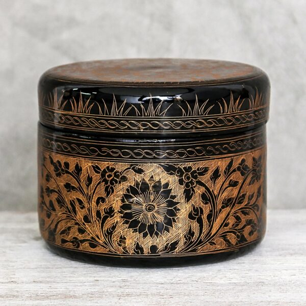 Round Mango Wood Decorative Box in Gold from Thailand, 'Exotic Flora in Gold' Round Mango Wood Decorative Box in Gold from Thailand, 'Exotic Flora in Gold'