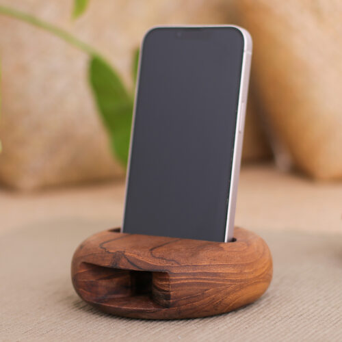 Round Teakwood Phone Speaker Hand-Carved in Thailand, 'Dorayaki' Round Teakwood Phone Speaker Hand-Carved in Thailand, 'Dorayaki'