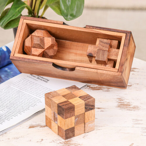 Set of 3 Raintree and Rubberwood Puzzles with Storage Box, 'Game Time' Set of 3 Raintree and Rubberwood Puzzles with Storage Box, 'Game Time'