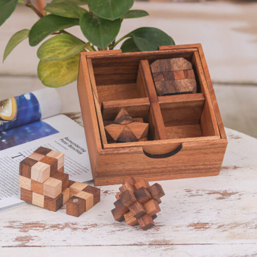 Set of 5 Wooden Brain Teaser Puzzles with Storage Box, 'Challenge Your Mind' Set of 5 Wooden Brain Teaser Puzzles with Storage Box, 'Challenge Your Mind'