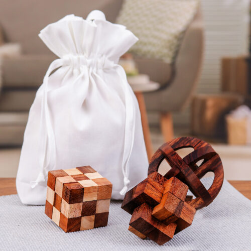 Set of Three Wood Puzzles with Cotton Pouch from Thailand, 'Time to Play' Set of Three Wood Puzzles with Cotton Pouch from Thailand, 'Time to Play'
