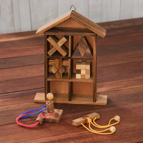 Six Rain Tree Wood Puzzles with Box from Thailand, 'Household Challenge' Six Rain Tree Wood Puzzles with Box from Thailand, 'Household Challenge'