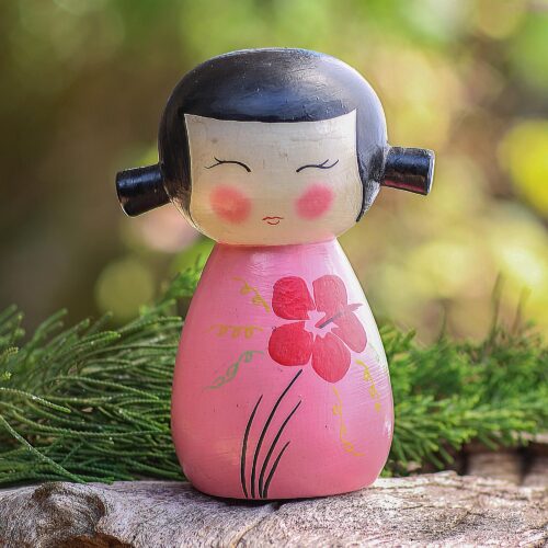 Small Albesia Wood Statuette in Pink, 'Shy Lady in Pink' Small Albesia Wood Statuette in Pink, 'Shy Lady in Pink'