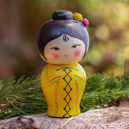 Small Albesia Wood Statuette in Yellow, 'Shy Lady in Yellow' Small Albesia Wood Statuette in Yellow, 'Shy Lady in Yellow'