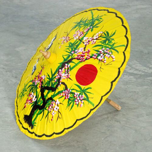 Thai-Made Hand-Painted Crane-Themed Yellow Cotton Parasol, 'Peace Cranes in Yellow' Thai-Made Hand-Painted Crane-Themed Yellow Cotton Parasol, 'Peace Cranes in Yellow'