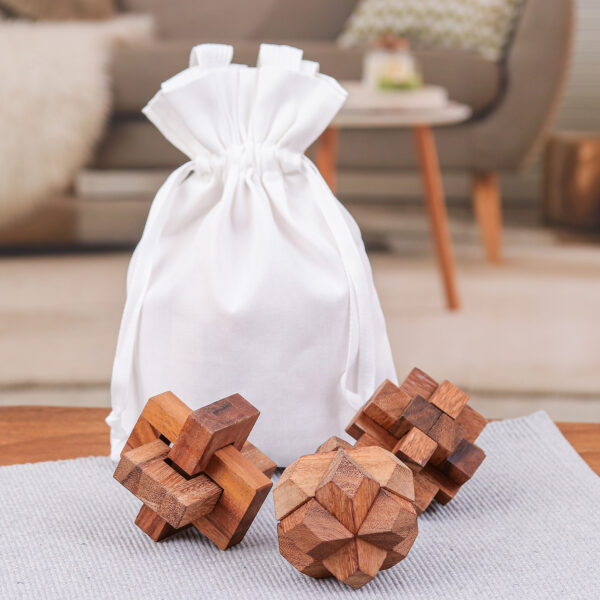 Three Thailand-Made Raintree Wood Puzzles with Storage Pouch, 'Playful Moments' Three Thailand-Made Raintree Wood Puzzles with Storage Pouch, 'Playful Moments'