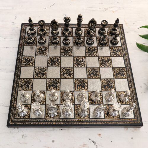 Traditional Brass Chess Set with Wooden Red Storage Box, 'Rewari's Challenge' Traditional Brass Chess Set with Wooden Red Storage Box, 'Rewari's Challenge'