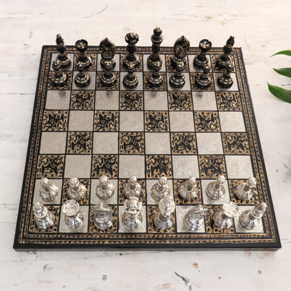 Traditional Brass Chess Set with Wooden Red Storage Box, 'Rewari's Challenge' Traditional Brass Chess Set with Wooden Red Storage Box, 'Rewari's Challenge'