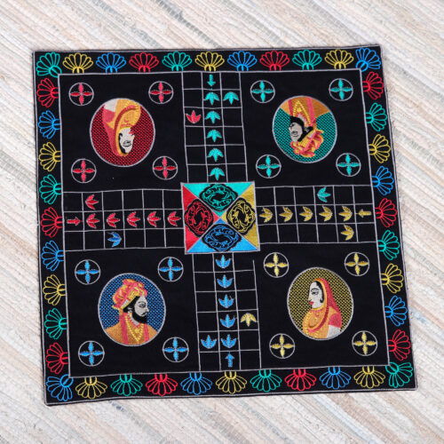 Traditional Embroidered Black Cotton Ludo Game from India, 'Game of Royals at Night' Traditional Embroidered Black Cotton Ludo Game from India, 'Game of Royals at Night'