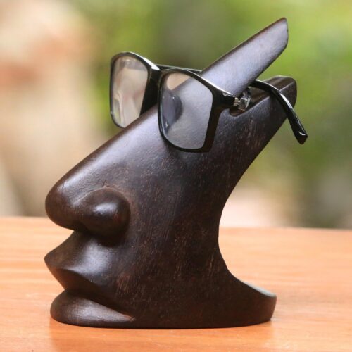 Wood Eyeglasses Stand in Dark Brown from Bali, 'Prominent Nose in Dark Brown' Wood Eyeglasses Stand in Dark Brown from Bali, 'Prominent Nose in Dark Brown'