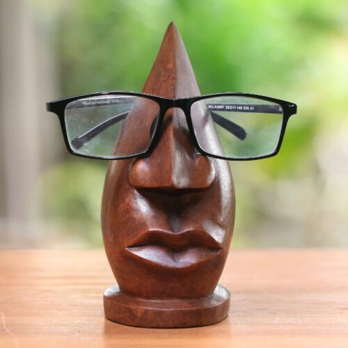 Wood Eyeglasses Stand in Light Brown from Bali, 'Prominent Nose in Light Brown' Wood Eyeglasses Stand in Light Brown from Bali, 'Prominent Nose in Light Brown'